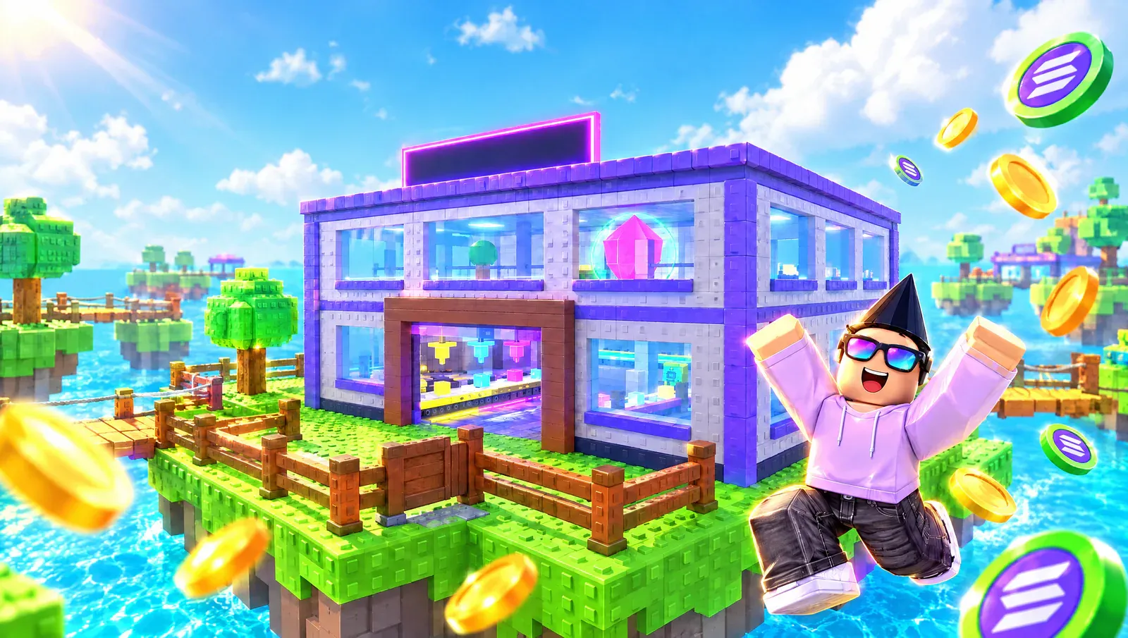 A player's finished two-storey base on its island, with coins raining down