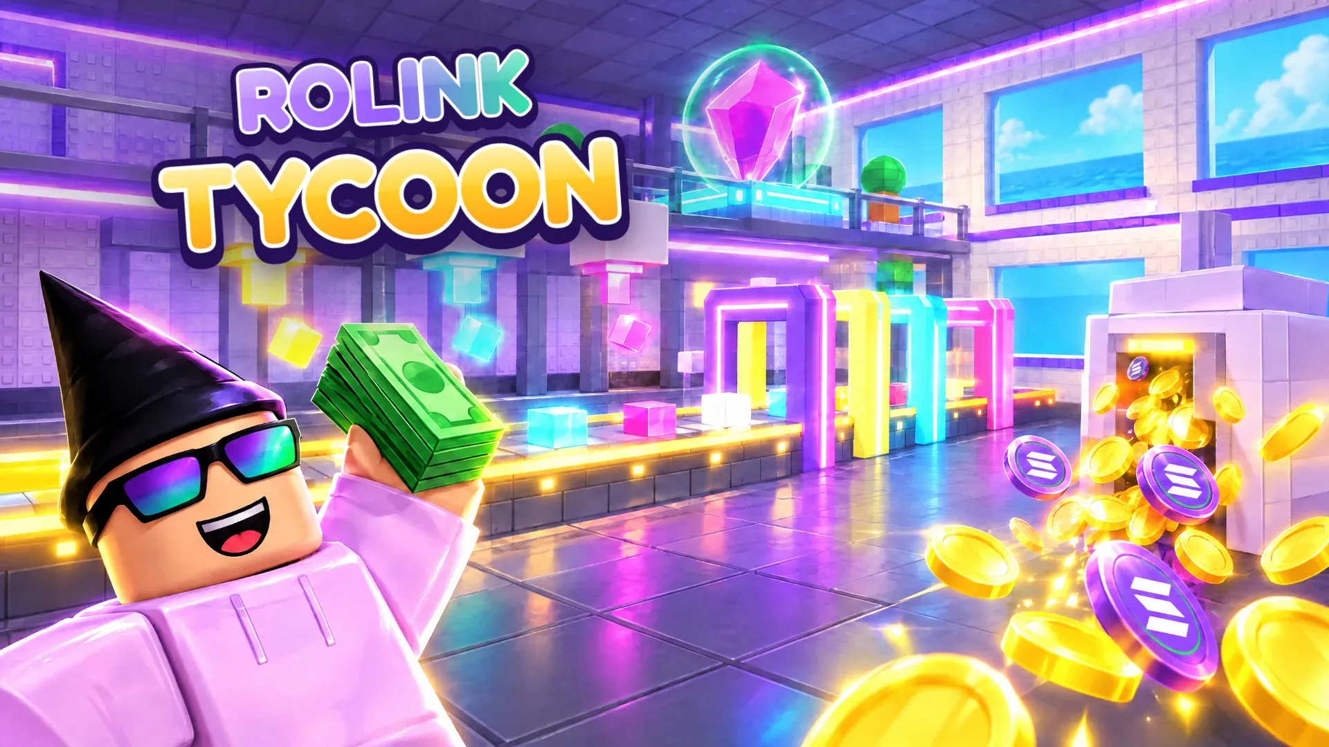 Rolink Tycoon's factory: neon droppers, a player holding cash and SOL coins pouring out