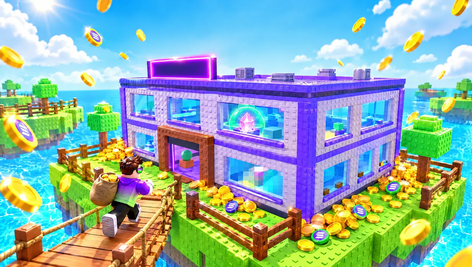 A player running home across a rope bridge with a bag of coins